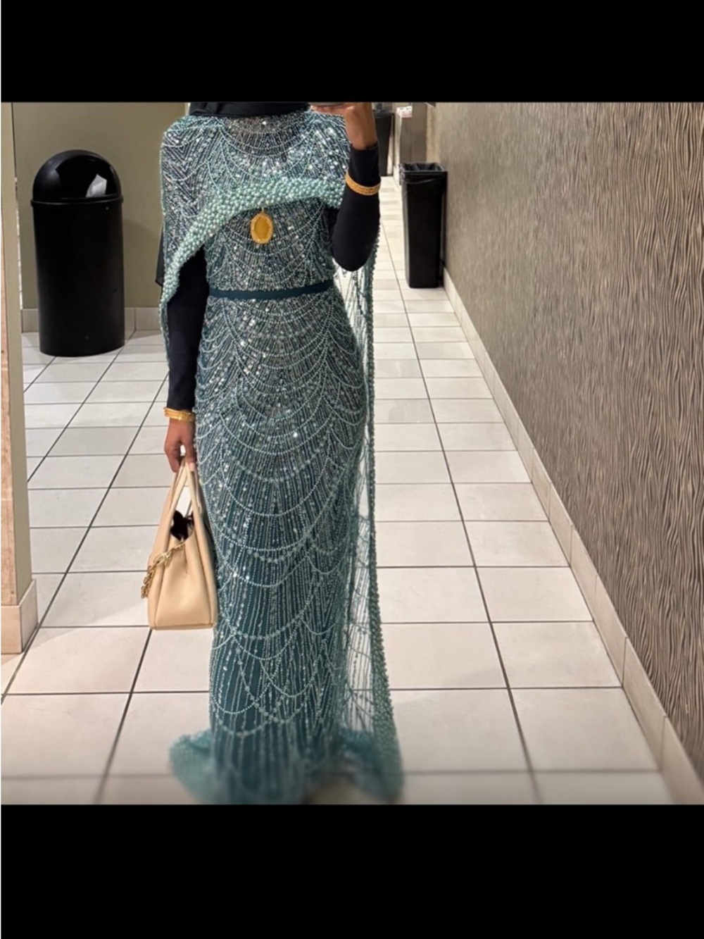 Teal Beaded Evening Gown with Capelet